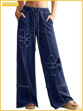 Women's Y2K Floral Wide Leg Baggy Jeans Elastic High Waisted Stretchy Denim